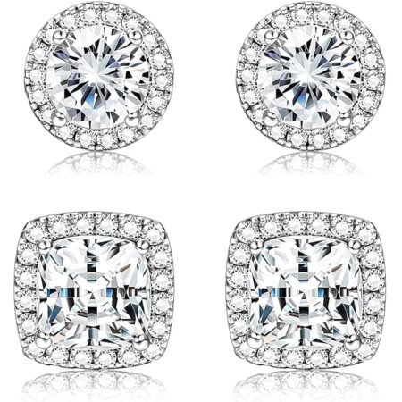 1-2 Pairs 925 Sterling Silver Mens Earrings Cubic Zirconia Halo Stud Earrings for Men 18K Gold Plated Heart/Round/Square Cut CZ Stud Earrings Set for Women Men