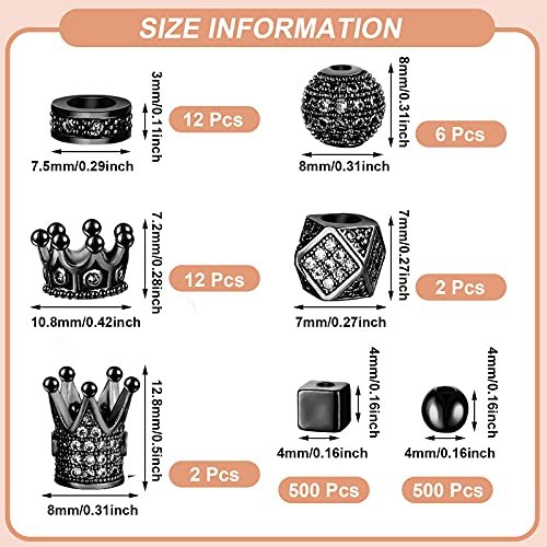 1034 Pieces King Crown Charm Rhinestone Bead Round Ball Zircon Bead Hexagon Big Hole Spacer Bead Diamond Cutting Cube Bead for DIY Chain Bracelet Jewelry Making (Black)