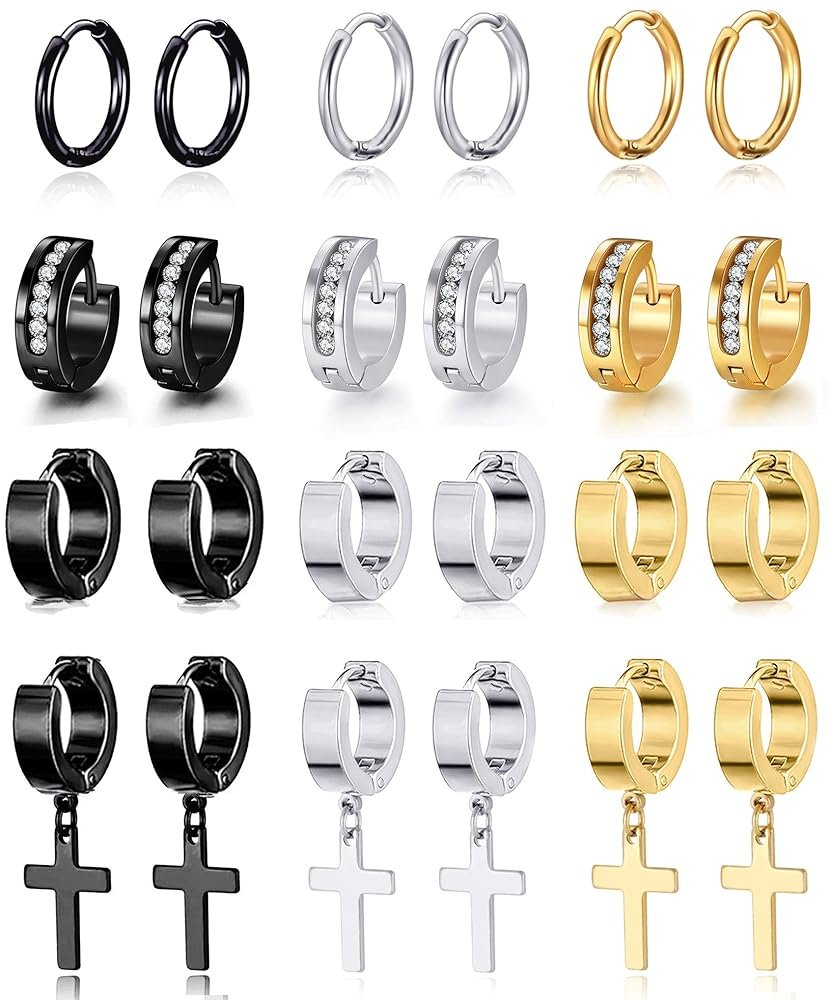 12 Pairs Stainless Steel Small Hoop Earrings Set Huggie Earrings CZ Inlaid Dangle Hinged Earrings Stud Earrings for Mens Women Silver Black Gold Tone