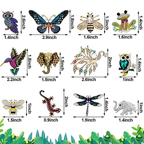 12 Pcs Women Brooches Bulk Set Rhinestone Crystal Vintage with Hummingbird Owl Elephant Peacock Bee Brooch Pin Animal Shape Butterfly Pins for Women Girls Christmas Gifts