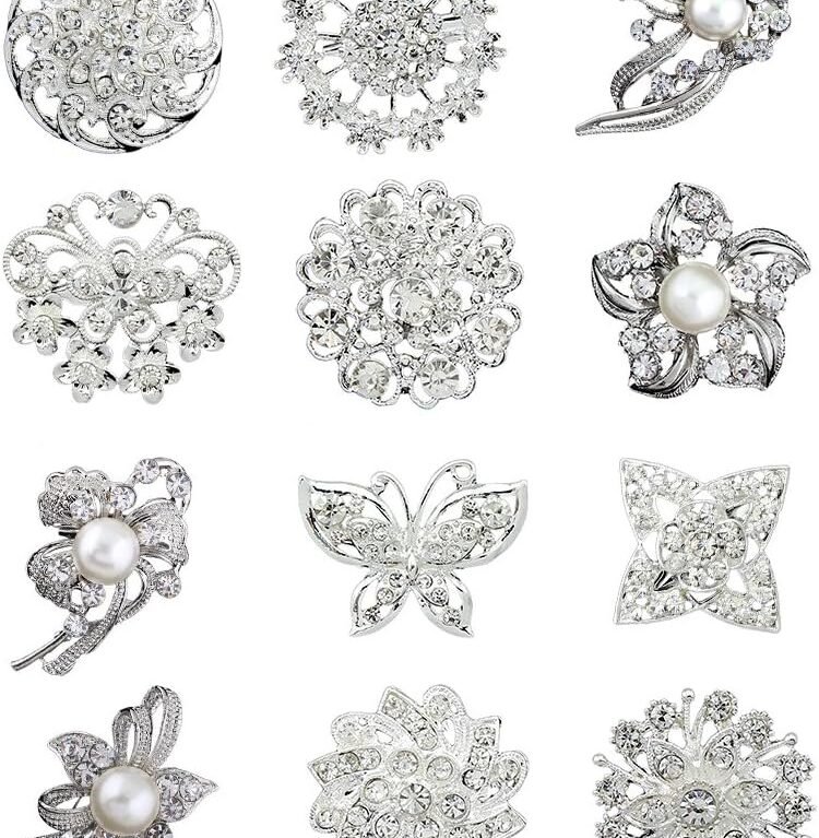 12pcs lot silver plated crystal rhinestone wedding brooches pins