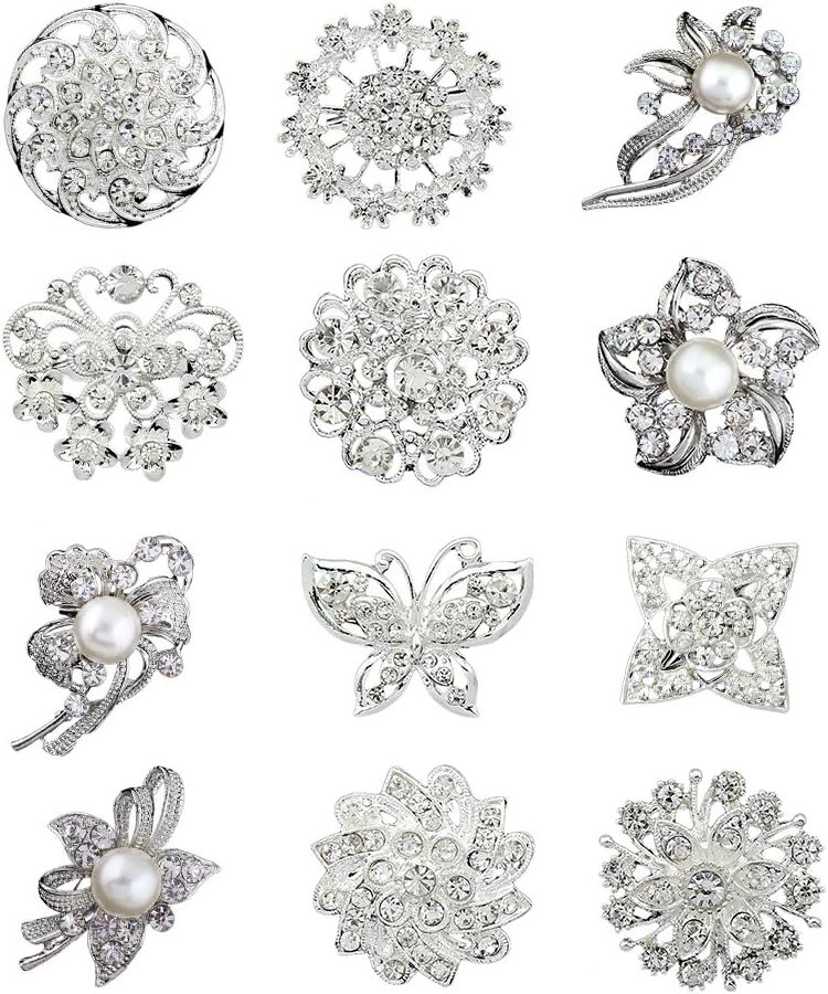 12pcs lot silver plated crystal rhinestone wedding brooches pins