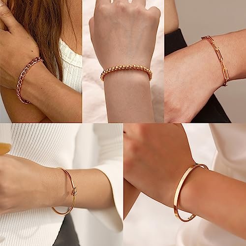 14K Gold Plated Bangle Cuff Bracelet Set for Women Bracelet Stack Adjustable Tennis/Beaded/Paperclip/Cuban Link Chain Bracelets Jewelry