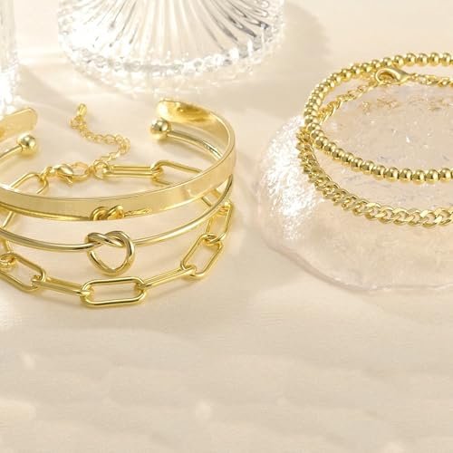 14K Gold Plated Bangle Cuff Bracelet Set for Women Bracelet Stack Adjustable Tennis/Beaded/Paperclip/Cuban Link Chain Bracelets Jewelry