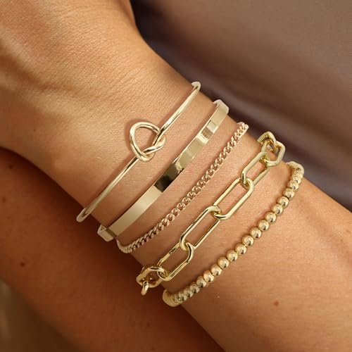 14K Gold Plated Bangle Cuff Bracelet Set for Women Bracelet Stack Adjustable Tennis/Beaded/Paperclip/Cuban Link Chain Bracelets Jewelry