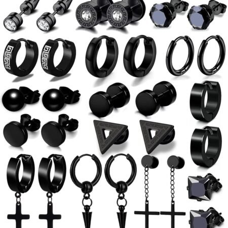 15 Pairs Earrings for Men, Stainless Steel Earrings Stud Kit for Men Women Fashion Piercing Jewelry Cross Dangle Hoop Earrings Set