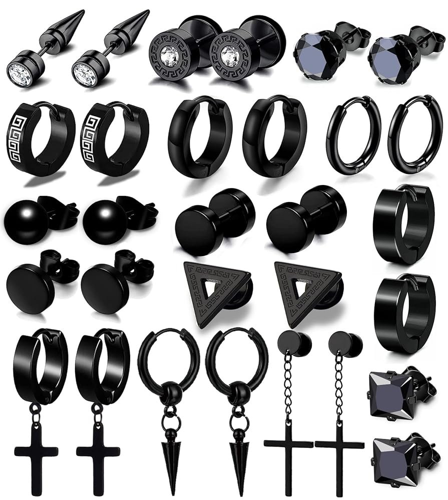 15 Pairs Earrings for Men, Stainless Steel Earrings Stud Kit for Men Women Fashion Piercing Jewelry Cross Dangle Hoop Earrings Set