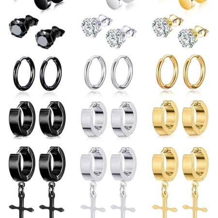 15 Pairs Stainless Steel Dangle Hinged Earrings Hoop Huggie Earrings CZ Stud Earrings Set for Men Women Ear Piercing Jewelry Silver Black Gold Tone