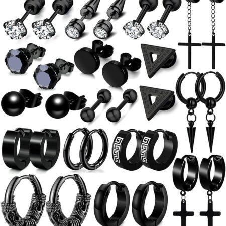 16 Pairs Men Earrings Set - Black Stainless Steel Cross Dangle Hoop & Ear Stud Fashion Piercing Jewelry for Birthdays, Parties & More