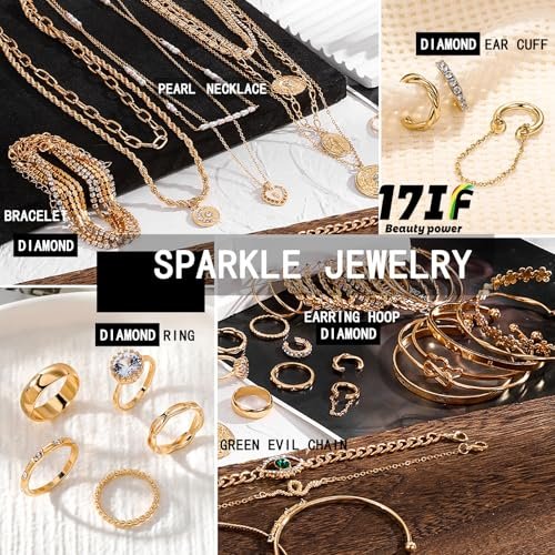 17IF 38-59 Pcs(9-8 Pack) Gold Plated Jewelry Set for Women With 8 Necklace 12 Bracelet 27 Ring 12 Pair Earring Hoop Simple Sparkle for Happy