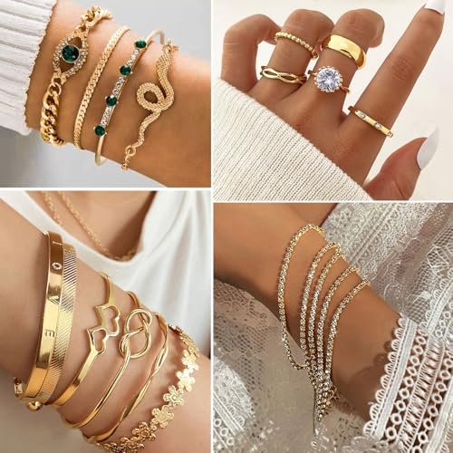 17IF 38-59 Pcs(9-8 Pack) Gold Plated Jewelry Set for Women With 8 Necklace 12 Bracelet 27 Ring 12 Pair Earring Hoop Simple Sparkle for Happy