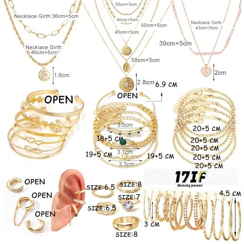 17IF 38-59 Pcs(9-8 Pack) Gold Plated Jewelry Set for Women With 8 Necklace 12 Bracelet 27 Ring 12 Pair Earring Hoop Simple Sparkle for Happy