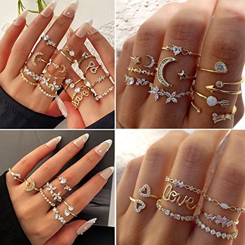 17IF Gold Boho Sparkle Knuckle Rings Set For Women, Vintage Fashion Aesthetic Trendy Joint Snake Ring Pack, Retro Pink Rhinestone Assorted Moon Star Crystal Love Leaf Diamond...