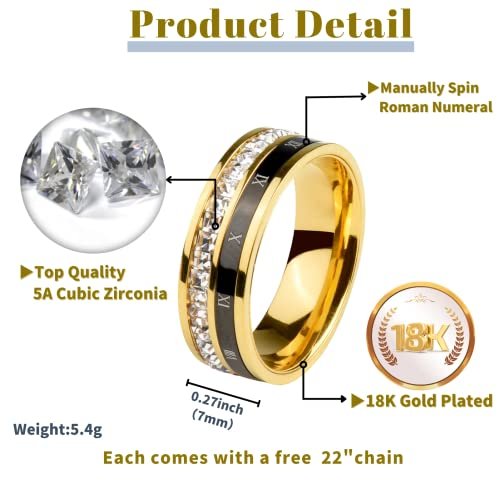 18K Gold Plated Roman Numeral Cubic Zirconia Ring for Women, Square CZ Gold Rings for Men, Spinner Silver Mens Rings Stainless Steel Size 5-13