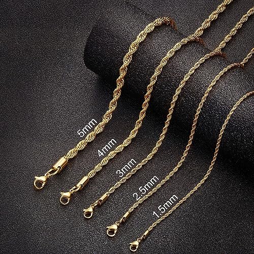 18k Real Gold Plated Rope Chain 1.5mm 2.5mm 5mm Stainless Steel Twist Chain Necklace for Men Women 16 Inches 36 Inches