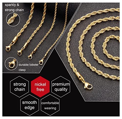 18k Real Gold Plated Rope Chain 1.5mm 2.5mm 5mm Stainless Steel Twist Chain Necklace for Men Women 16 Inches 36 Inches