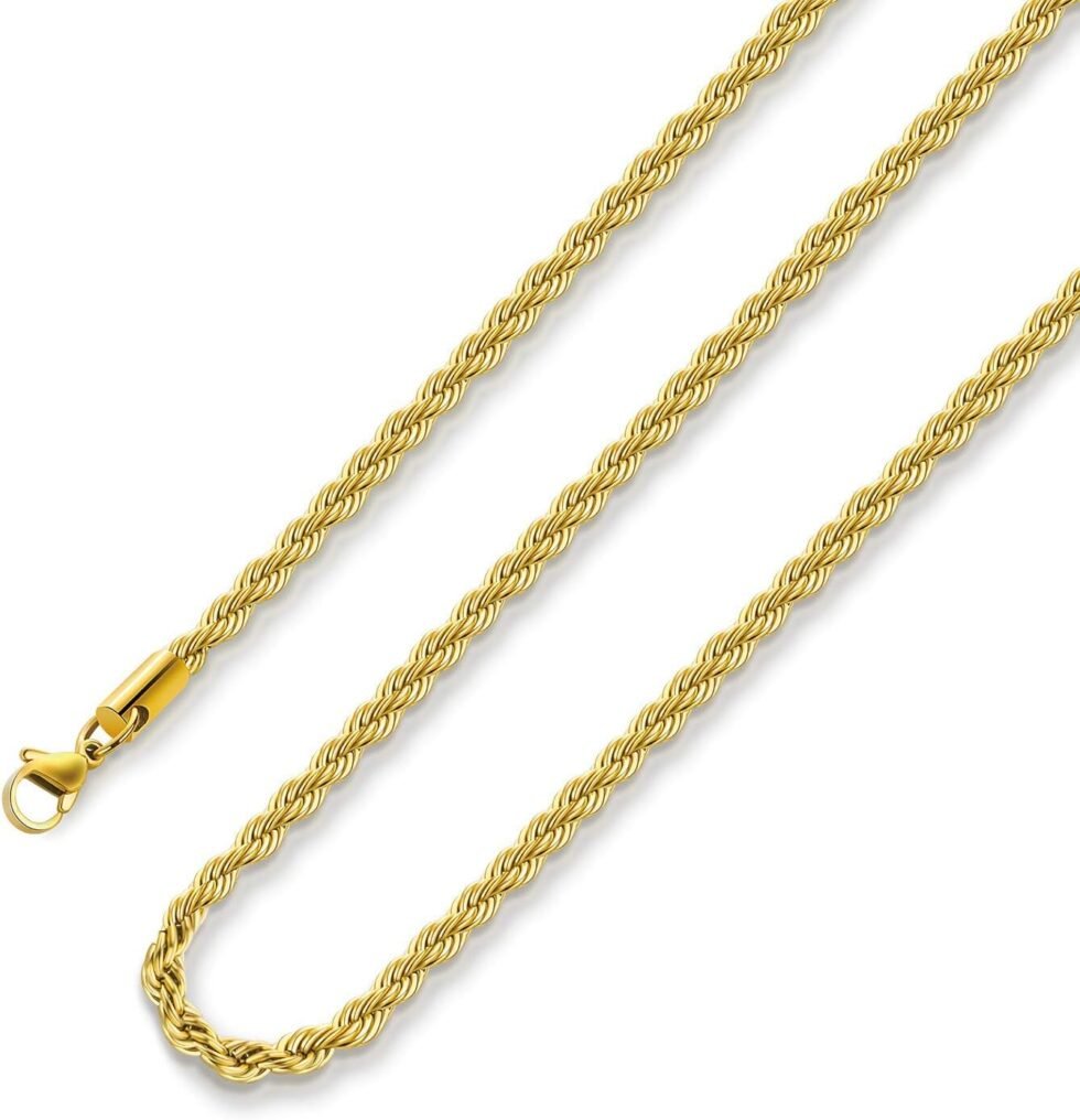 18k Real Gold Plated Rope Chain 1.5mm 2.5mm 5mm Stainless Steel Twist Chain Necklace for Men Women 16 Inches 36 Inches