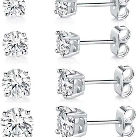 18K White Gold Plated 4 Pong Round Clear Cubic Zirconia Stud Earring Pack of 6 Pairs (6 Pairs)