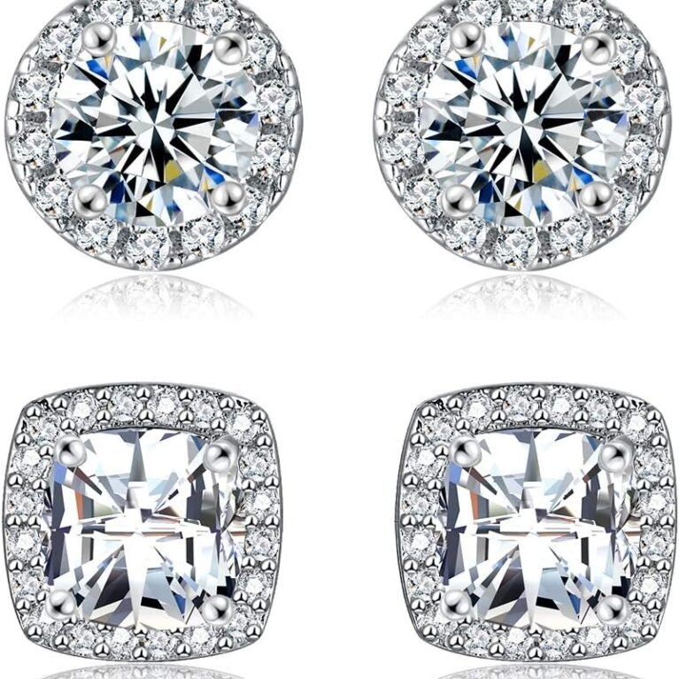 18K White Gold Plated Round Square Cubic Zirconia Simulated Diamond Halo Stud Earrings (2 Pairs)