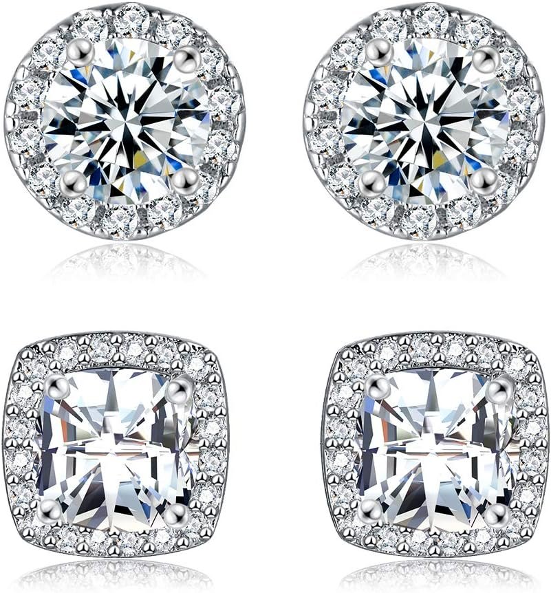 18K White Gold Plated Round Square Cubic Zirconia Simulated Diamond Halo Stud Earrings (2 Pairs)