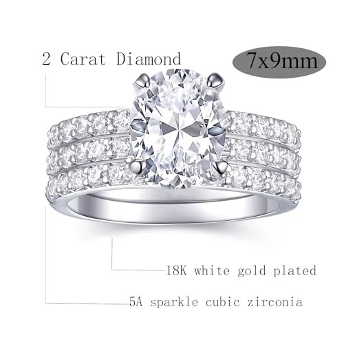 2 Carat Oval Engagement Rings Set for Women | Cubic Zirconia Wedding Sets | Wedding Band Ring | Promise Rings for Her 18K White Gold Plated Jewelry Gifts Size 4-11