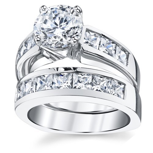 2 Carats Sterling Silver Bridal Set Cubic Zirconia Engagement Wedding Ring Bands with Round and Princess Cut