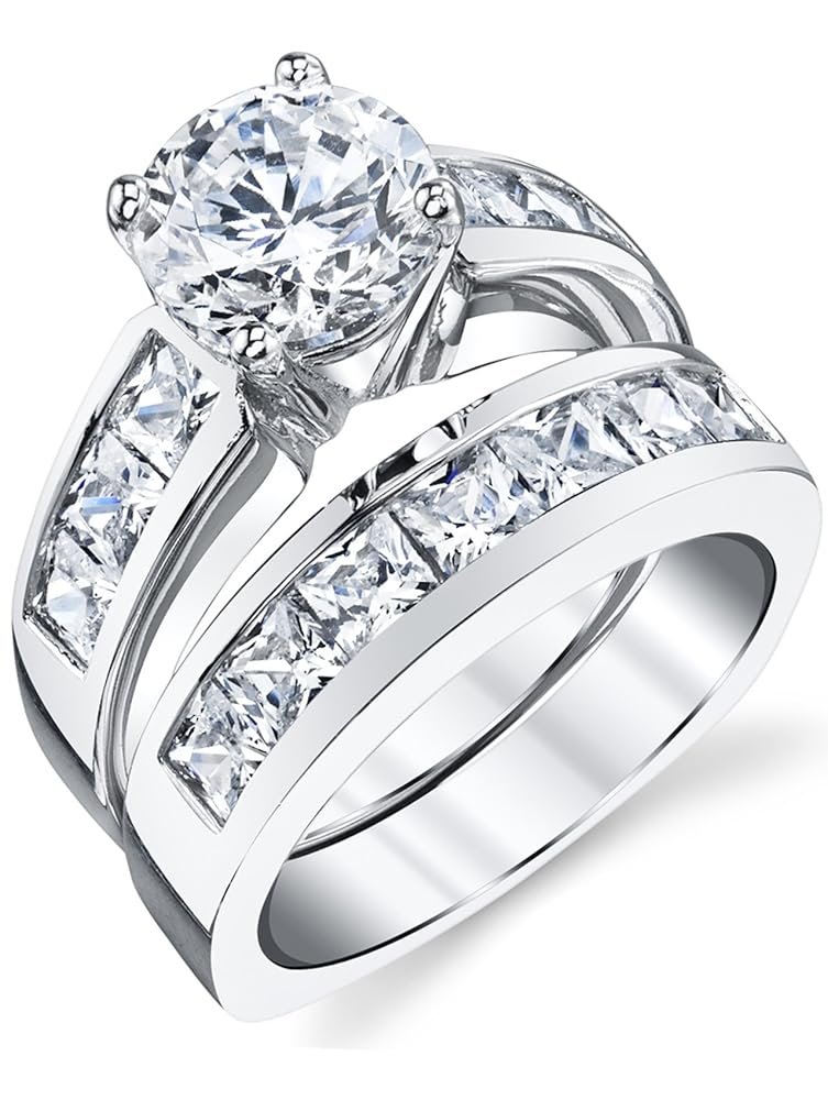 2 Carats Sterling Silver Bridal Set Cubic Zirconia Engagement Wedding Ring Bands with Round and Princess Cut