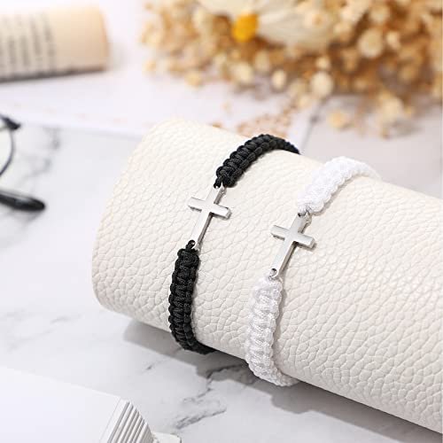 2 Pieces Friendship Cross Bracelet Black String Rope Braided Bracelet Cross Charm Adjustable Handmade Matching Couple Bracelets for Women Men Brother Kabbalah Strand Lucky BFF...