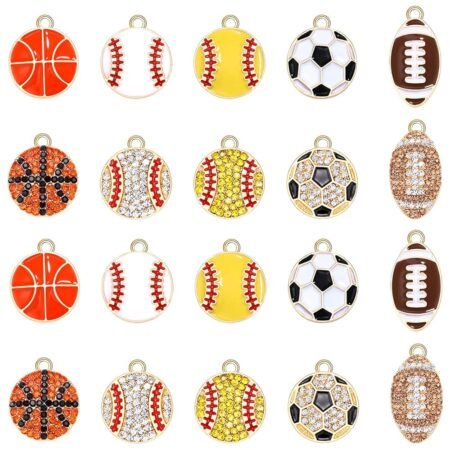 20PCS Sports Charms Enamel Basketball Baseball Pendant Charms for Jewelry Making Rhinestone Ball Game Softball Charms for Necklace Bracelet Earrings DIY Crafts