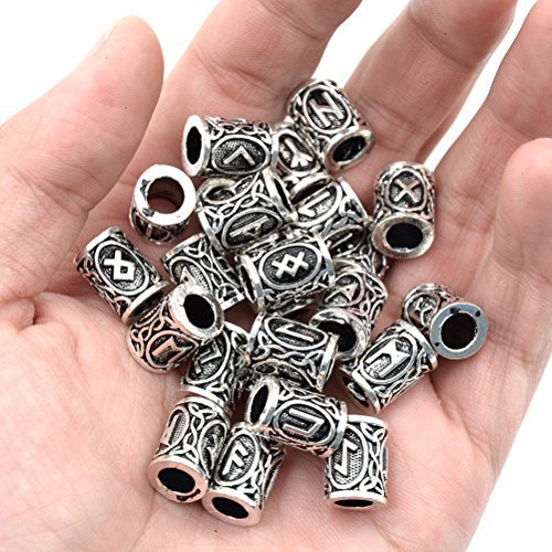 24 Pcs/Set Viking Norse Runes Hair Beard Beads Antique DIY Bracelet Jewelry Scandinavian Pendants with 1 Pcs Velvet Bag