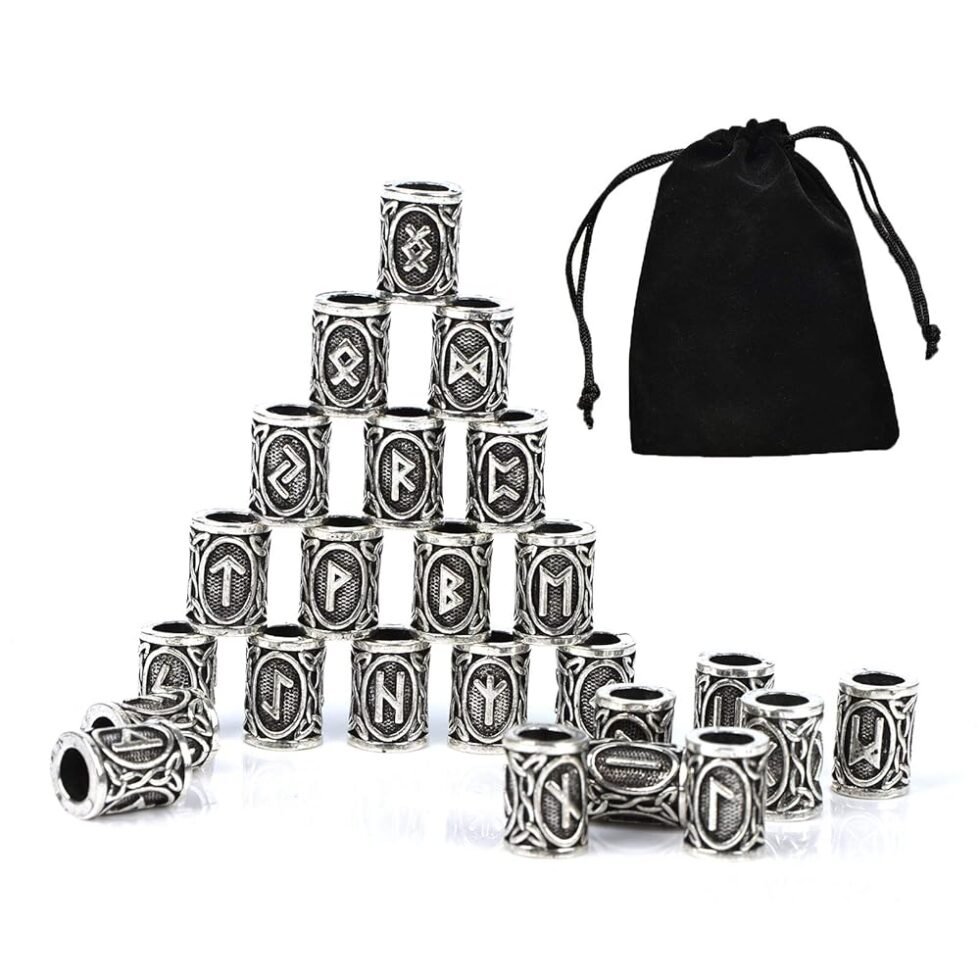 24 Pcs/Set Viking Norse Runes Hair Beard Beads Antique DIY Bracelet Jewelry Scandinavian Pendants with 1 Pcs Velvet Bag