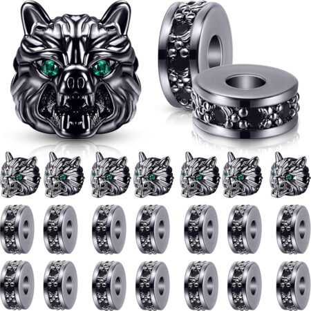 24 Pieces Wolf Head Charms Tibetan Animals Pendant Beads Hole Loose Bead Cubic Zirconia Spacer Connector Charm for Men Bracelet DIY Making Halloween (Black, Wolf Head)