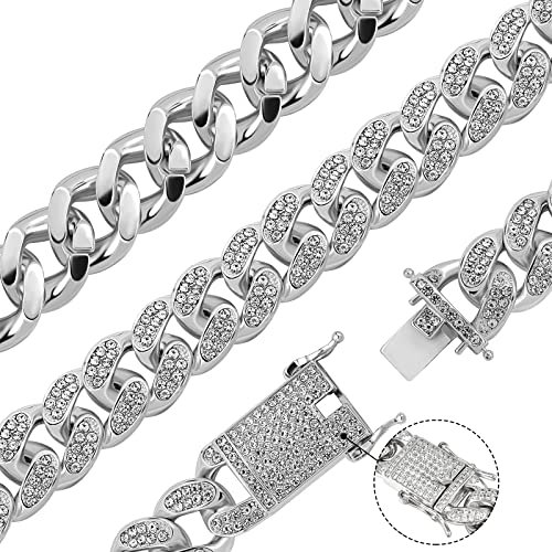 2pcs Cuban Link Chain for Men,Silver Necklace and Bracelet,Miami Cuban Chains,Bling Diamond Chain for Hip Hop Jewelry