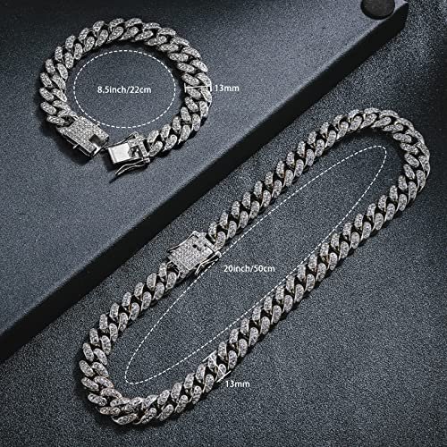 2pcs Cuban Link Chain for Men,Silver Necklace and Bracelet,Miami Cuban Chains,Bling Diamond Chain for Hip Hop Jewelry