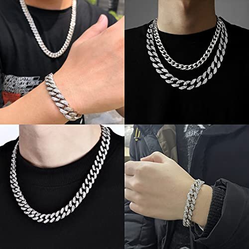 2pcs Cuban Link Chain for Men,Silver Necklace and Bracelet,Miami Cuban Chains,Bling Diamond Chain for Hip Hop Jewelry