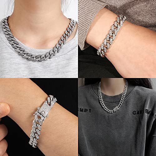 2pcs Cuban Link Chain for Men,Silver Necklace and Bracelet,Miami Cuban Chains,Bling Diamond Chain for Hip Hop Jewelry