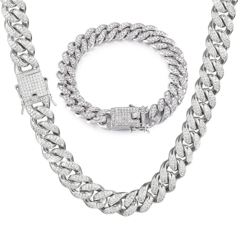 2pcs Cuban Link Chain for Men,Silver Necklace and Bracelet,Miami Cuban Chains,Bling Diamond Chain for Hip Hop Jewelry