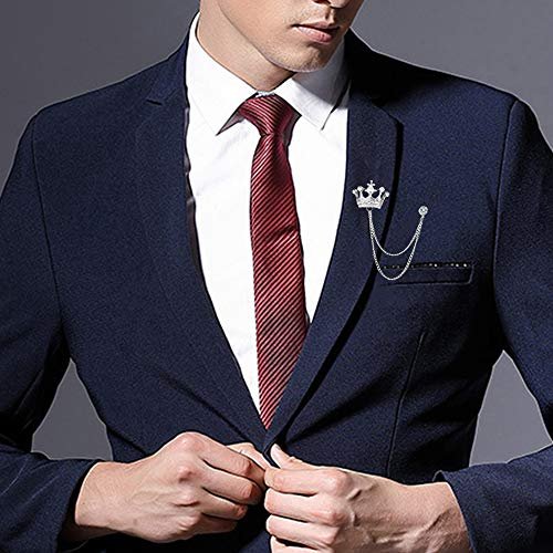 2PCS Men's Brooch Crown Hanging Chain Brooch Stone Detailing with Engraving Metal Crystal Brooch Suit Stud Lapel Pin Vintage Rhinestone Breastpin Wedding Brooch Pin, Gold and...