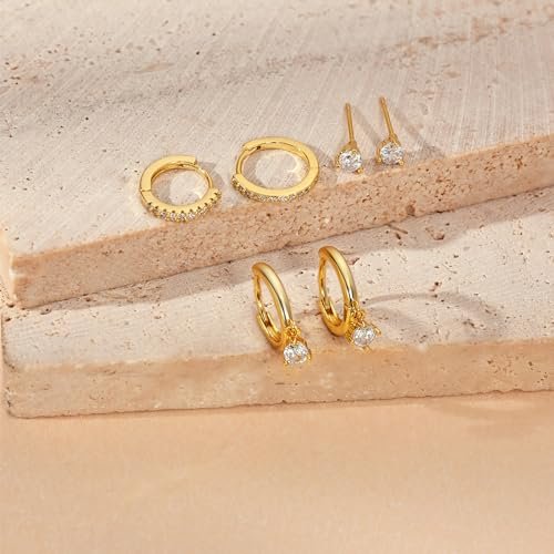 3 Pairs Gold Hoop Earrings Set: Dainty Stud Earrings Trendy Small 14K Gold Plated Hypoallergenic Dangle Cartilage Huggie Hoop Earrings for Women Gold Jewelry for Women Gifts