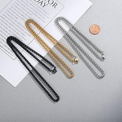 3 Pcs Chain Necklace for Men, 4mm Stainless Steel Gold Black and Silver Wheat Chains for Mens Boys Jewelry Gift, 16"/20"/24"/28"/32 Inches