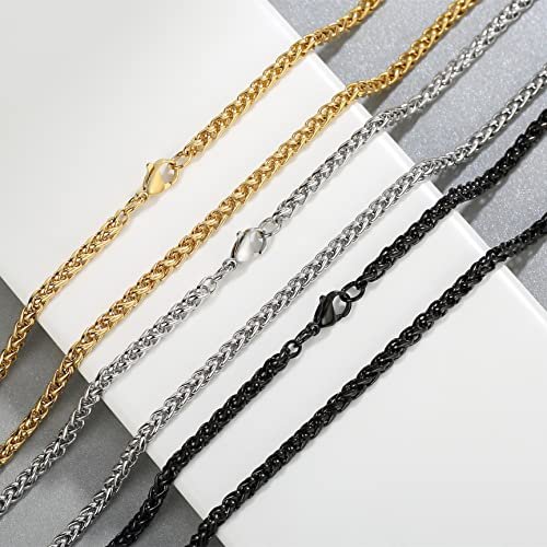 3 Pcs Chain Necklace for Men, 4mm Stainless Steel Gold Black and Silver Wheat Chains for Mens Boys Jewelry Gift, 16"/20"/24"/28"/32 Inches