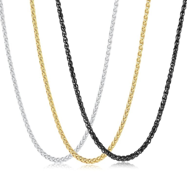 3 Pcs Chain Necklace for Men, 4mm Stainless Steel Gold Black and Silver Wheat Chains for Mens Boys Jewelry Gift, 16"/20"/24"/28"/32 Inches