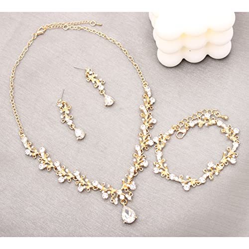 3Pcs Austrian Crystal Jewelry Set for Women, Necklace Dangle Earrings Link Bracelet Jewelry Set with Gold/Platinum/Gun Plated, Wedding Party Jewelry for Bridal Bridesmaid