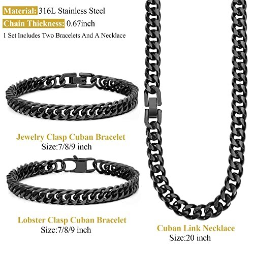 3PCS Cuban Link Bracelet Necklace, Black Sturdy 316L Stainless Steel Cuban Link Chain for Men Jewelry Set 8mm, 7/8/9 Inches