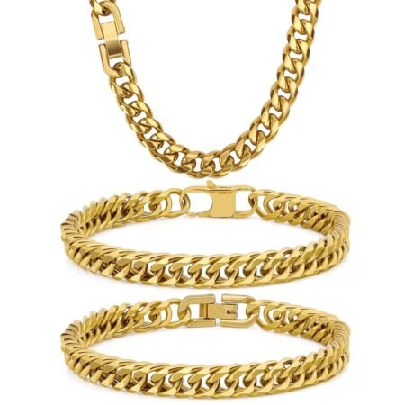 3PCS Cuban Link Bracelet Necklace, Gold Sturdy 316L Stainless Steel Cuban Link Chain for Men Jewelry Set 8mm, 7/8/9 Inches