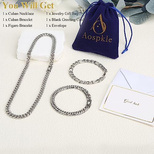 3PCS Cuban Link Figaro Bracelet Necklace, Silver Gold Black Sturdy 316L Stainless Steel Cuban Link Figaro Chain for Men Jewelry Set with Gift Message Card 8mm, 7/8/9 Inches