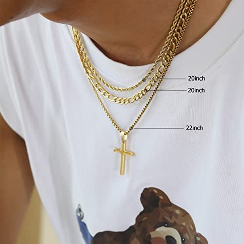 3Pcs Set Cross Necklace for Men, Mens Cross Necklace Cross Chain Layered Stainless Steel Rope Figaro Chains for Women Boys Gold Silver Black (20inch/22inch)