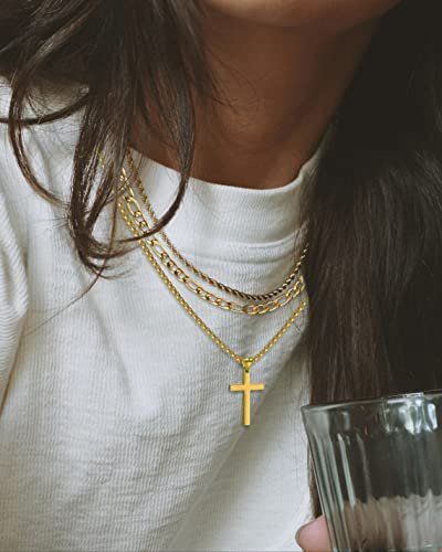 3Pcs Set Cross Necklace for Men, Mens Cross Necklace Cross Chain Layered Stainless Steel Rope Figaro Chains for Women Boys Gold Silver Black (20inch/22inch)