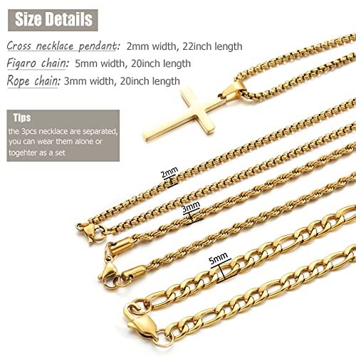 3Pcs Set Cross Necklace for Men, Mens Cross Necklace Cross Chain Layered Stainless Steel Rope Figaro Chains for Women Boys Gold Silver Black (20inch/22inch)