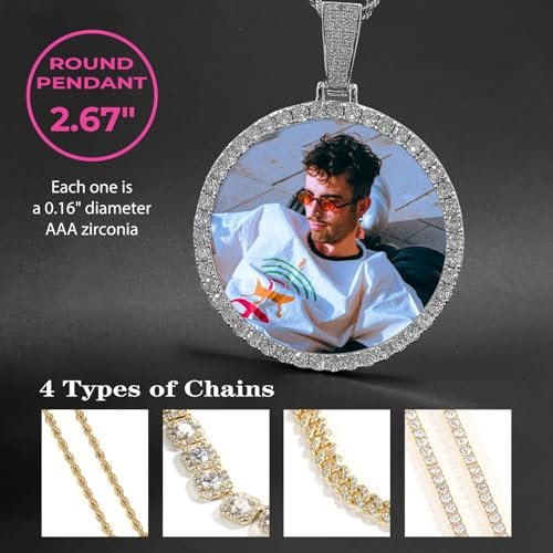 3UMeter Personalized Large Photo Necklace Custom Chain with Picture Pendant Necklace for Men Women Oversize Pendant Memorial Necklace with Picture Hip Hop Jewelry Personalized Gift